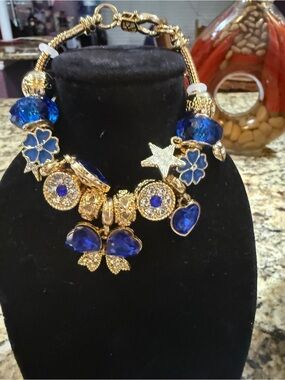 Gold-Tone Bracelet with Royal Blue Crystal Charms - Women Jewelry